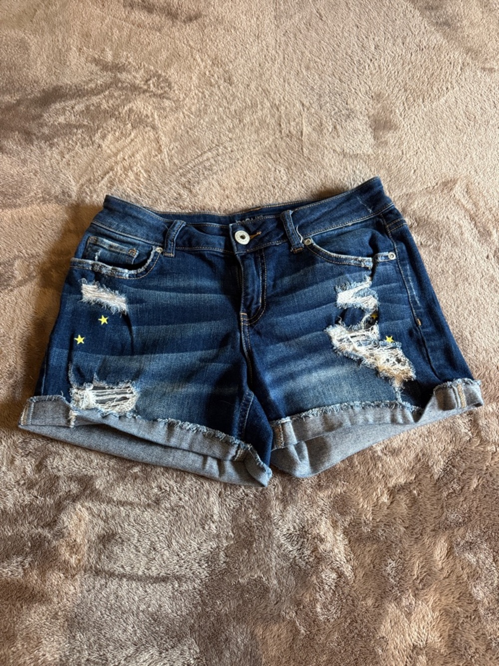 Maurices Distressed Dark Blue Rolled Hem Denim Shorts